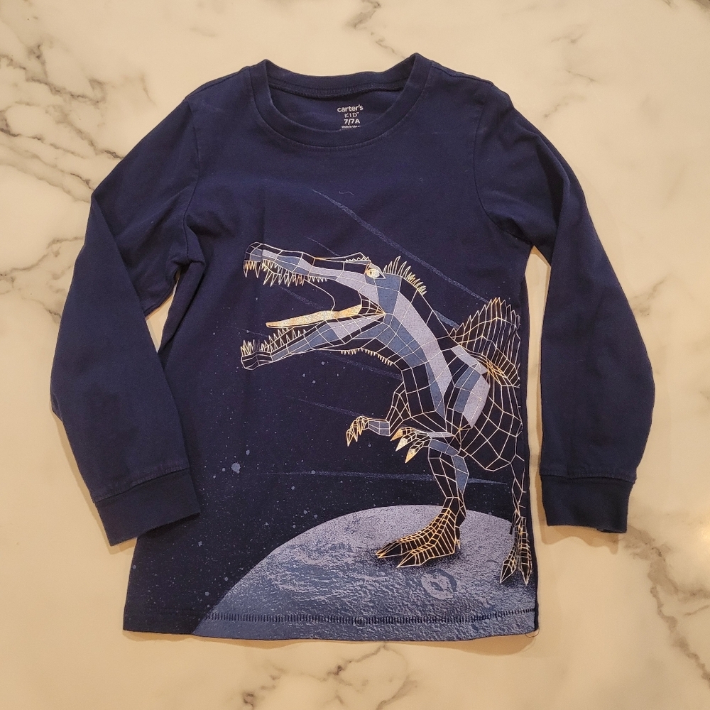 Carter's Kid Navy Blue Dinosaur Long Sleeve Tee Size 7/7A